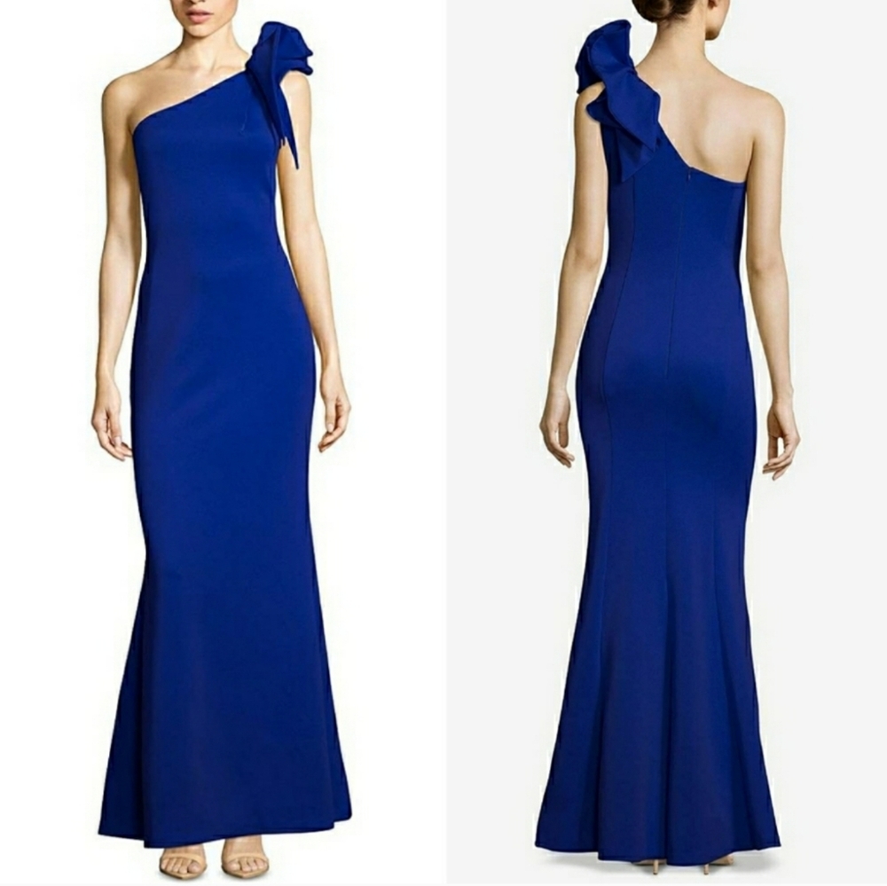 Betsy & Adam Cobalt Blue One-shoulder Ruffled Scuba Gown Dress